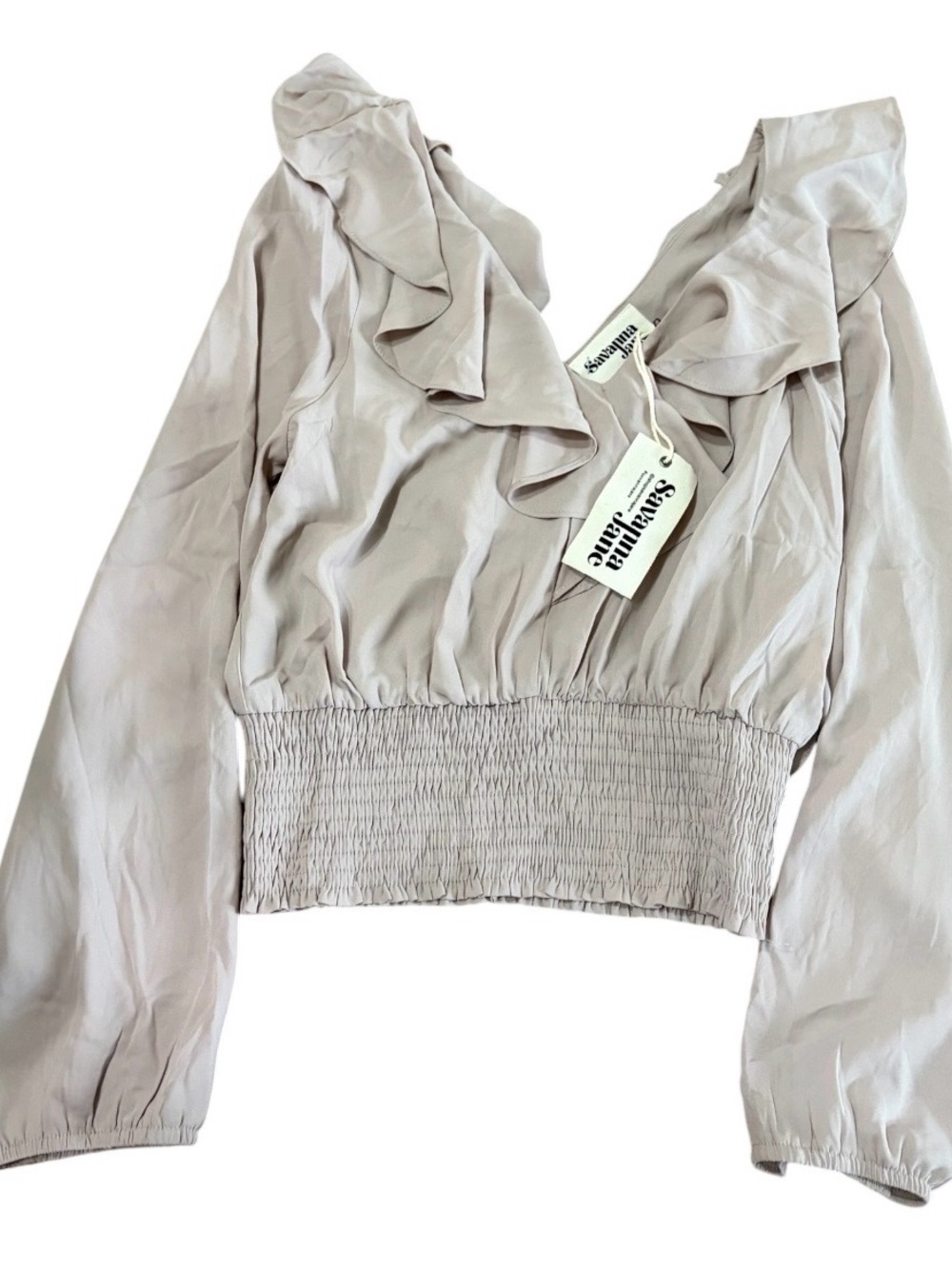 NWT Savanna Jane Beige Ruffle-Trim Long-Sleeve Top